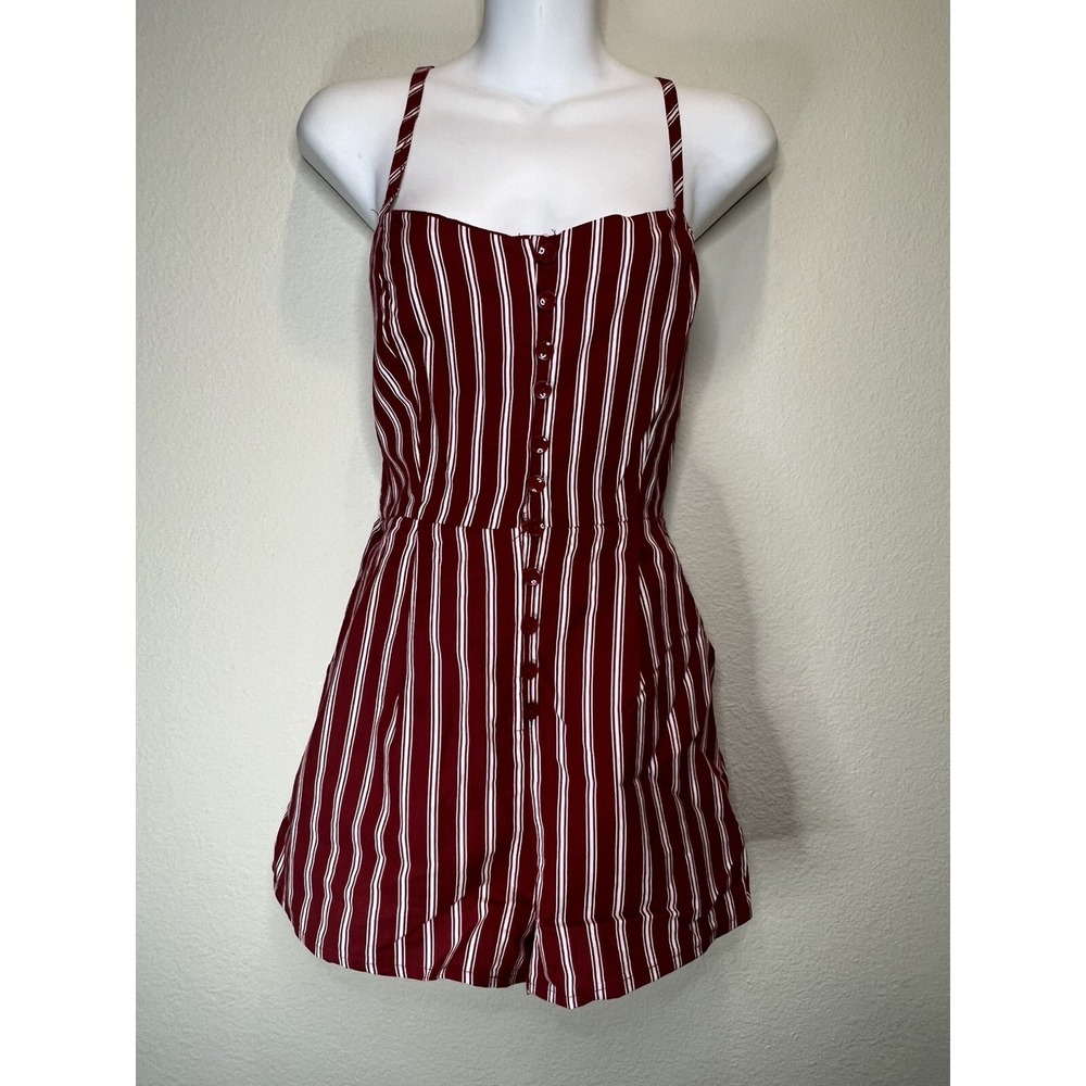 Burgundy White Striped Spaghetti Strap Romper Shorts W/ Pockets By Full Tilt Med